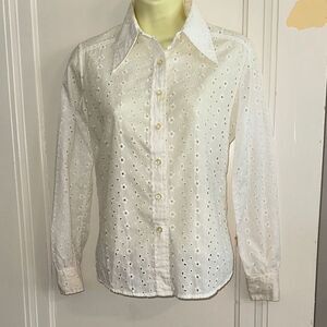 Vintage 70s‎ Junior House White Eyelet Polyester/Cotton Long Sleeve Shirt